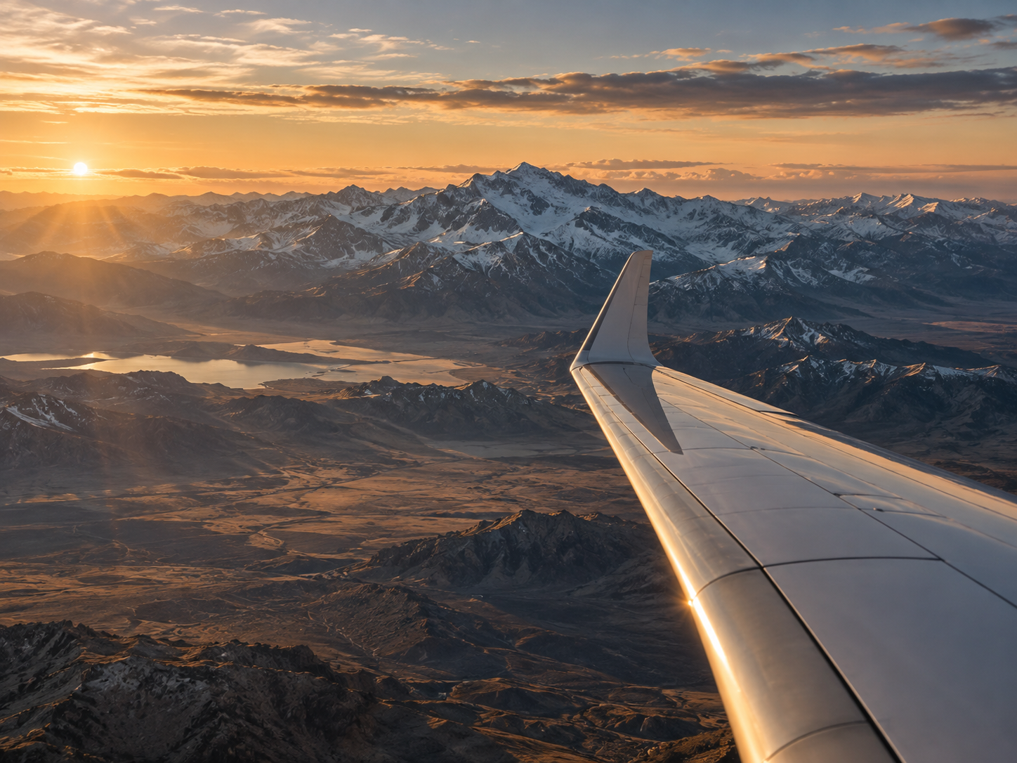 Aircraft wing over mountains at golden hour
