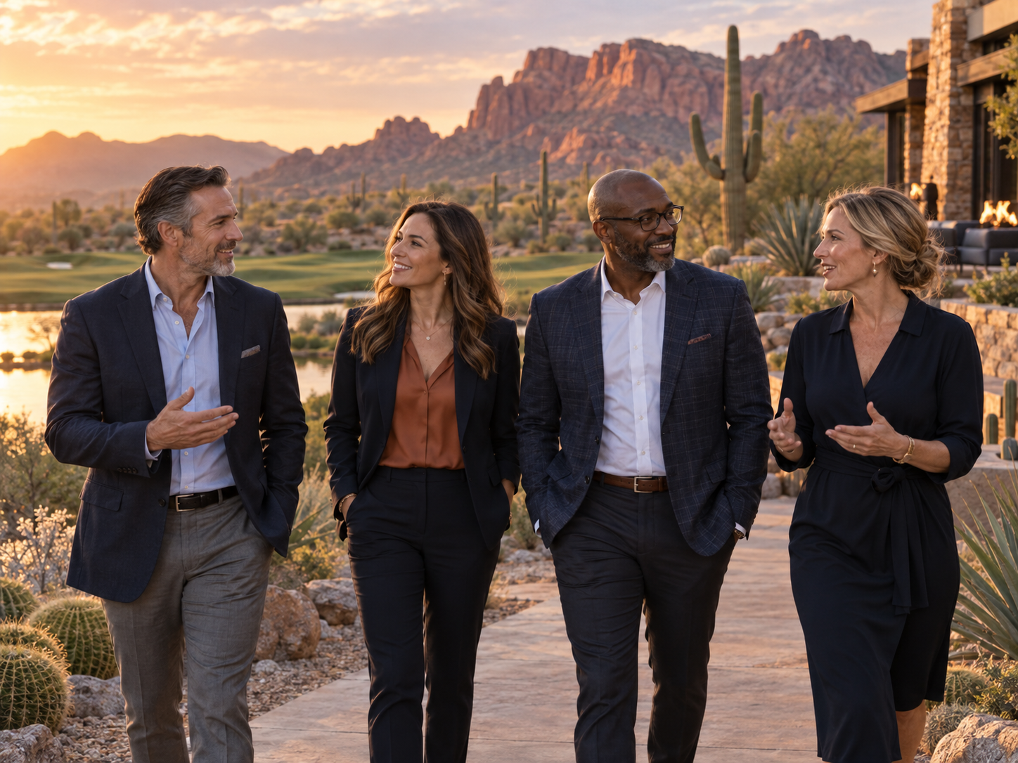 Business leaders in conversation at a desert golf course